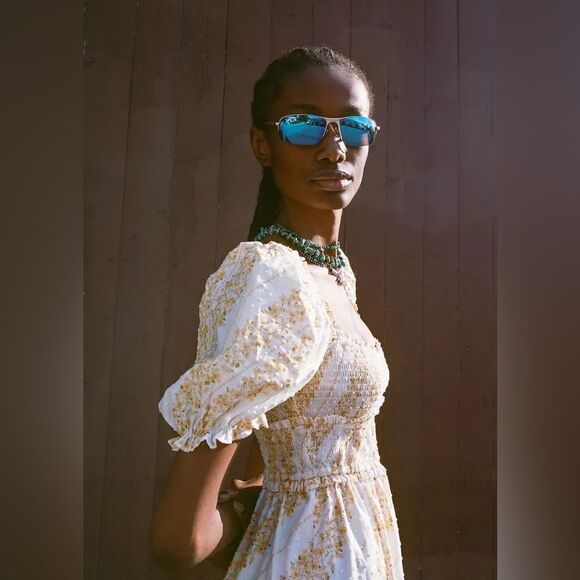 For Love & Lemons Lucie Midi Yellow White Dress Smocked Size S - Picture 3 of 8